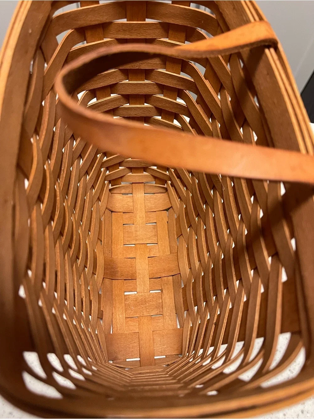 Longaberger Tall Wall Hanging Basket Woven Leather Handle 9.5”T x 5.5”W